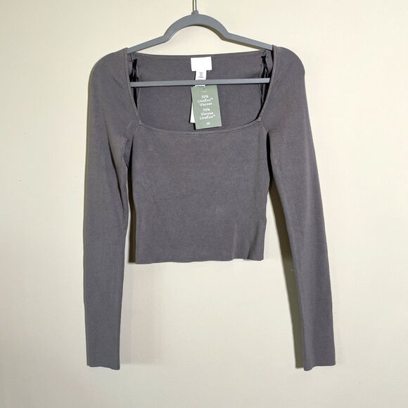 H&M Women’s Gray Square-Neck Crop Top Ribbed Long Sleeve Knit Size Medium Preppy - Picture 2 of 7